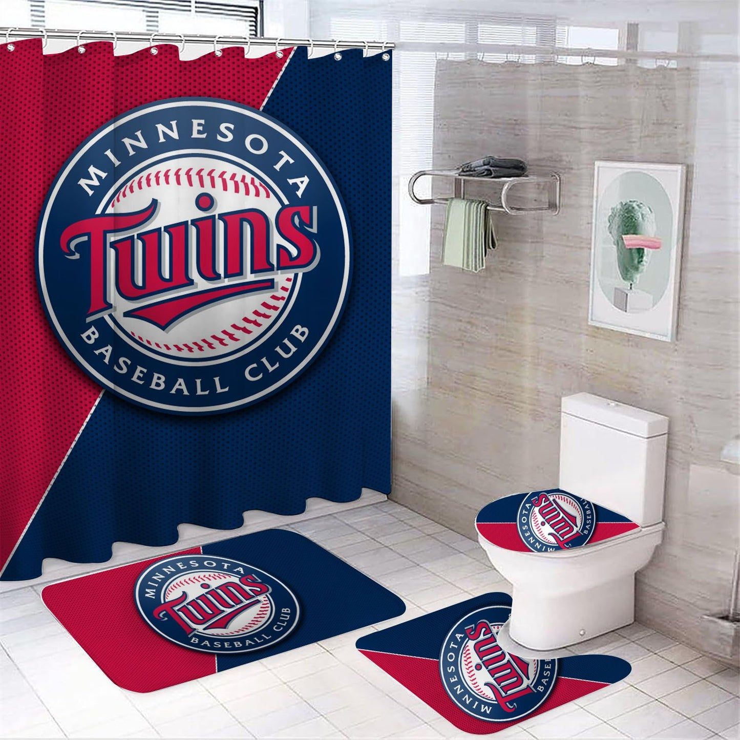 White Blue Minnesota Baseball Shower Curtain