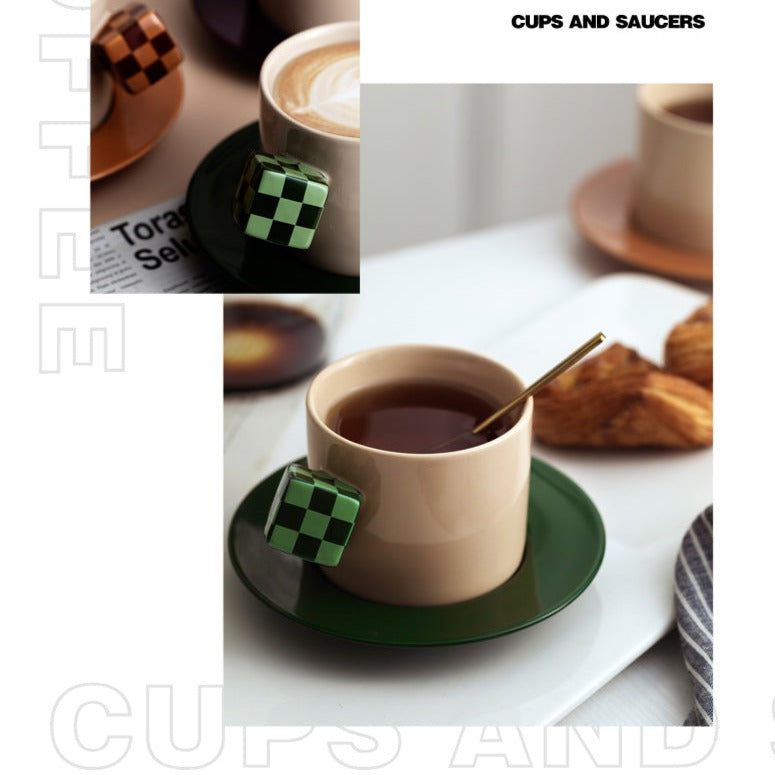 Macaron Color Cube Handle Coffee Cup and Saucer Set - 3 Pieces