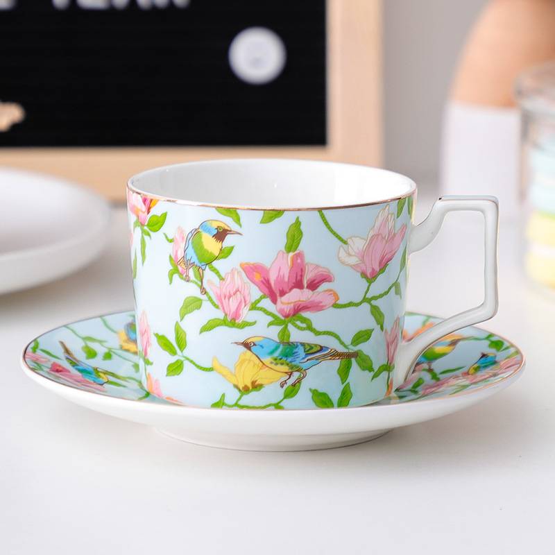 3 Pieces Bird Hanging on Leaf Floral Coffee Mug Tea Cup And Saucer Set