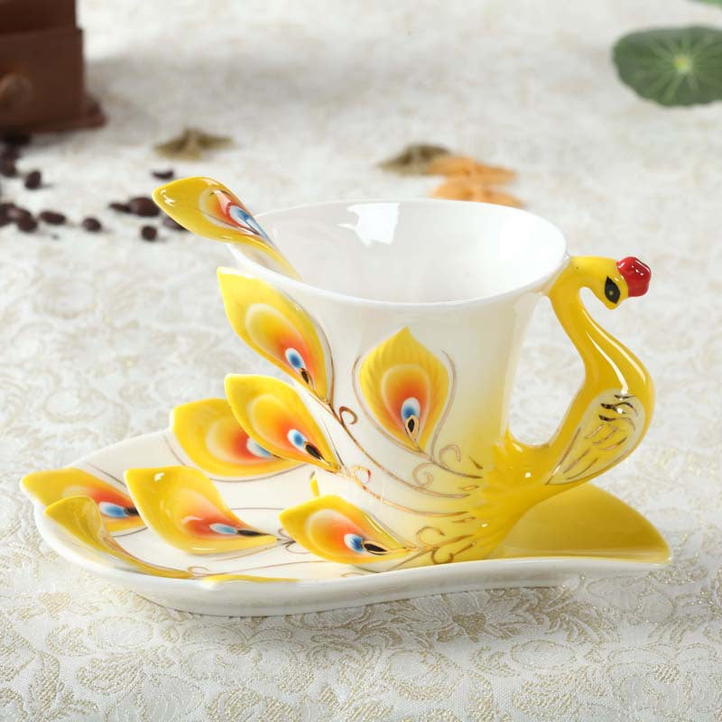 Peacock Feather Shape Tea Cup and Saucer Set - 3 Pieces