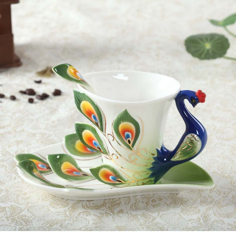 Peacock Feather Shape Tea Cup and Saucer Set - 3 Pieces