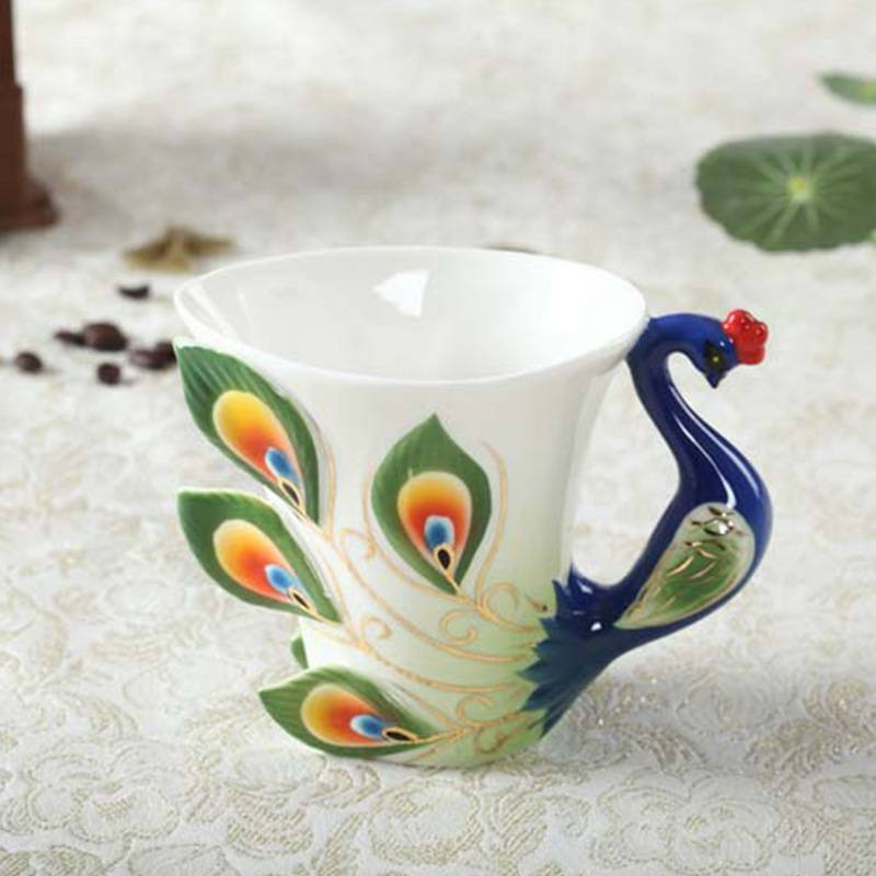 Elegant Feather Shape Peacock Tea Cup And Saucer Set 3 Pieces