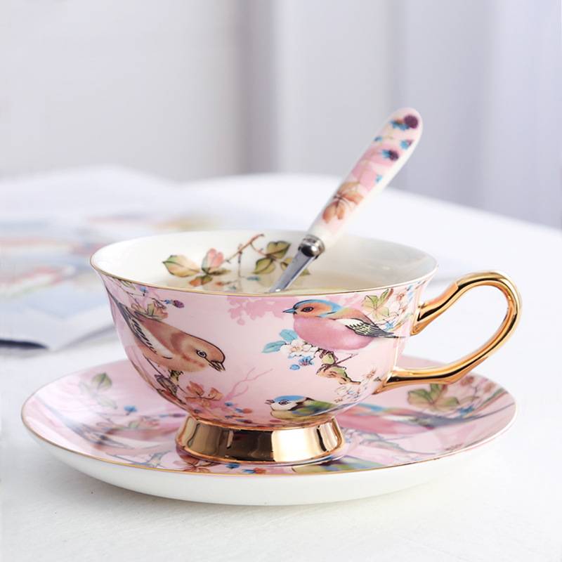 3 Pieces Aesthetic Pink Magpie Bird with Tree Floral Coffee Tea Cup And Saucer Set with Spoon
