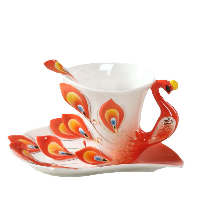 Peacock Feather Shape Tea Cup and Saucer Set - 3 Pieces
