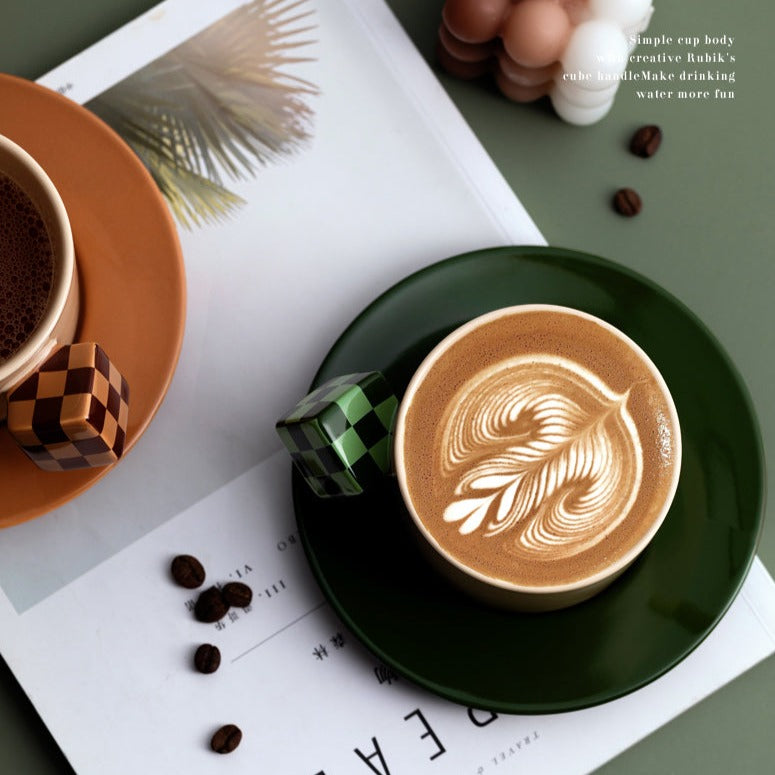 Macaron Color Cube Handle Coffee Cup and Saucer Set - 3 Pieces