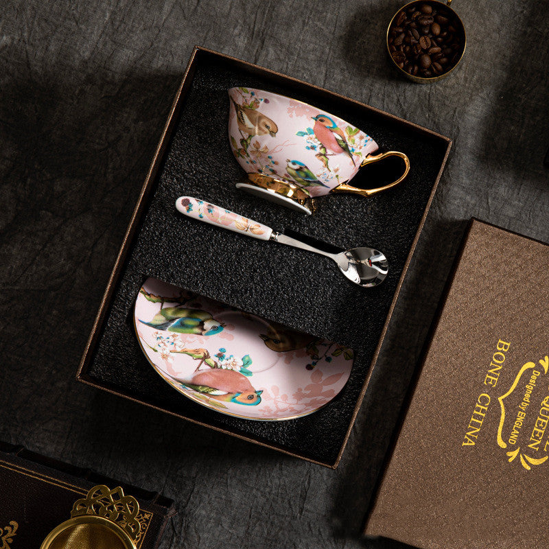 Pink Magpie Bird with Tree Floral Coffee Tea Cup and Saucer Set - 3 Pieces