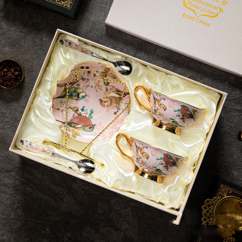 Pink Magpie Bird with Tree Floral Coffee Tea Cup and Saucer Set - 3 Pieces