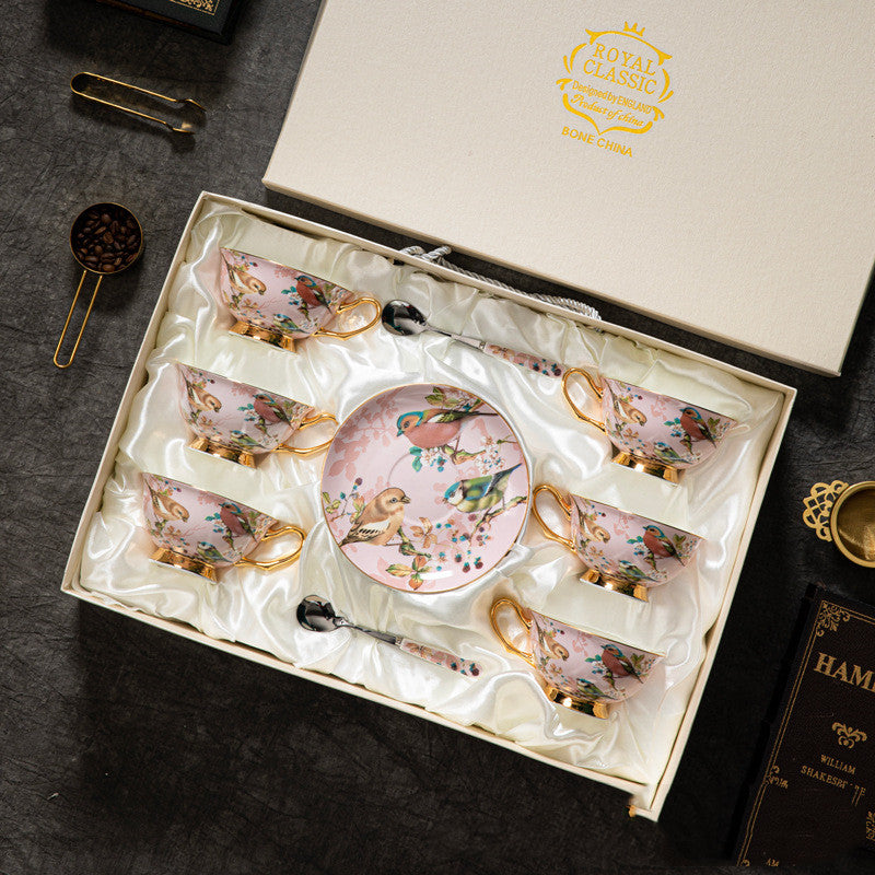 Pink Magpie Bird with Tree Floral Coffee Tea Cup and Saucer Set - 3 Pieces